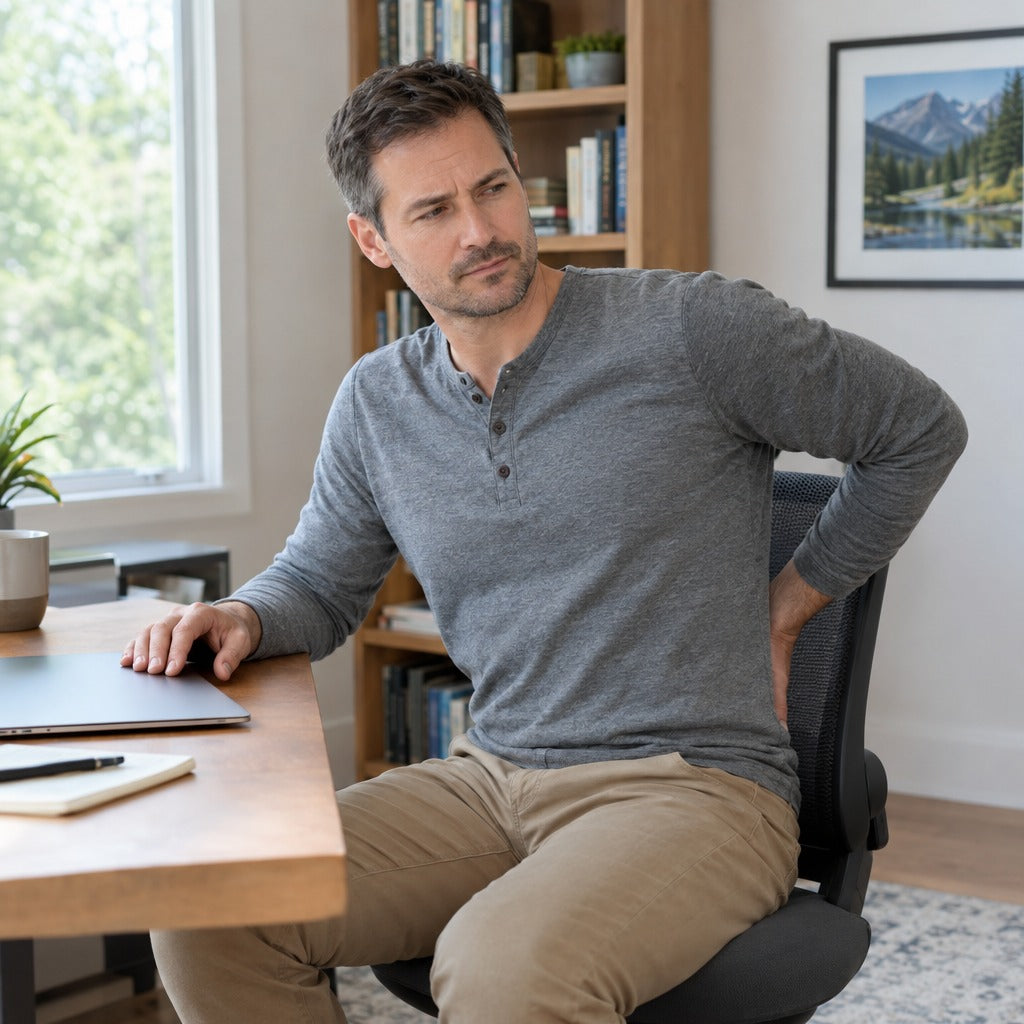 Man at desk with back discomfort — Lakota Back Pain Roll-On lifestyle